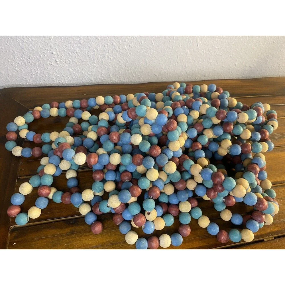 Christmas Wooden Bead Garland Primitive Rustic 4 Strands 8’ Holiday Tree Decor